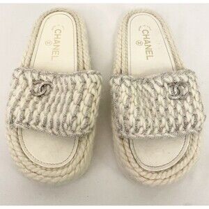 Chanel Mules Slides Ivory & Silver Weaved Sandals Size 36 US 5.5 6 Silver Logo